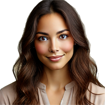 Zentral auf die Kamera schauende Maria mit formalen Lächeln im Gesicht