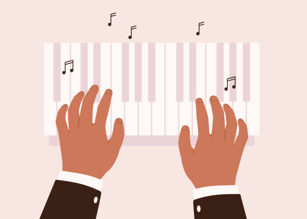 Spielende Haende auf einer Klavier Tastatur
